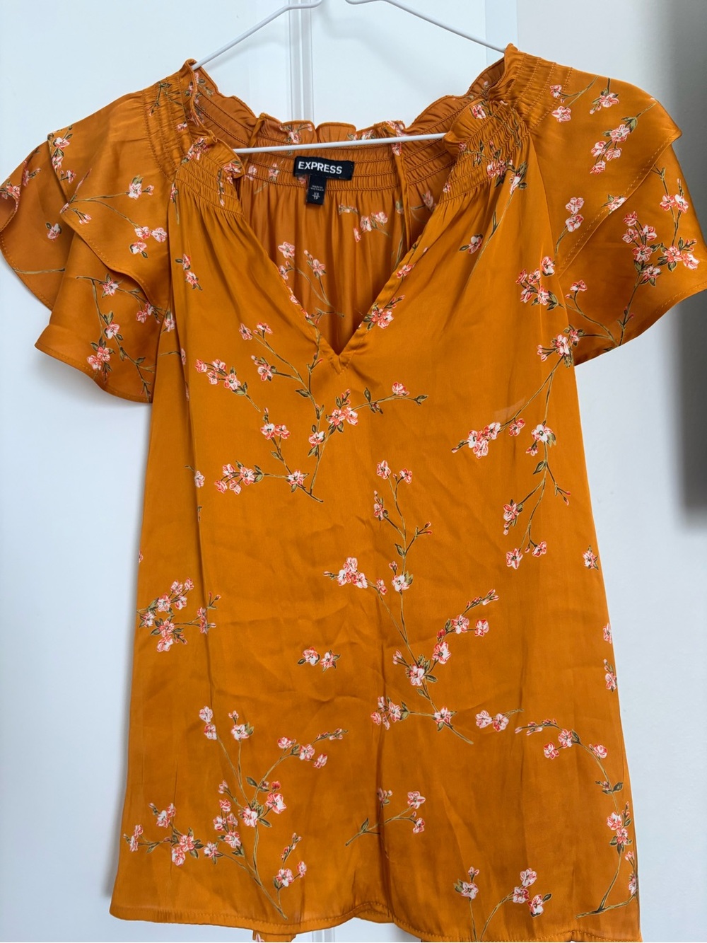 Express Women's Mustard Floral V-Neck Ruffle Sleeve Blouse